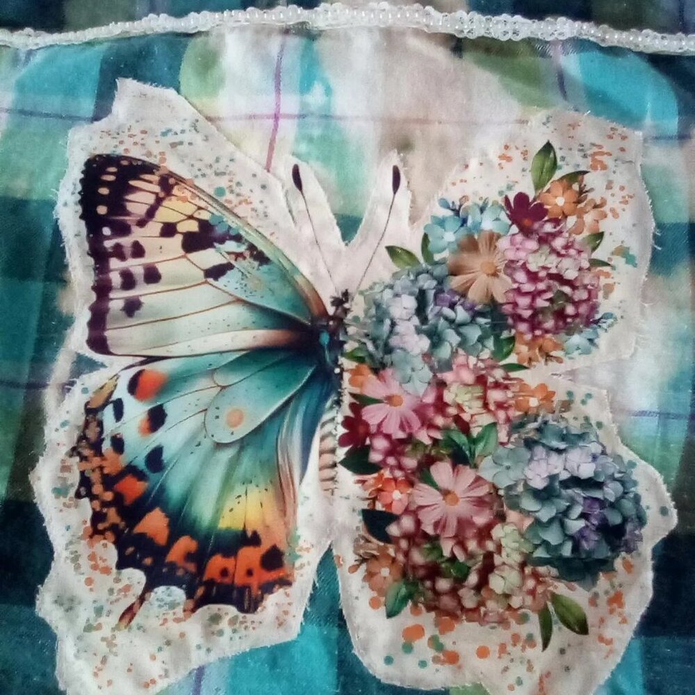 Bleached Flannels ~ butterfly | lace and pearls UPCYCLED shirt XS